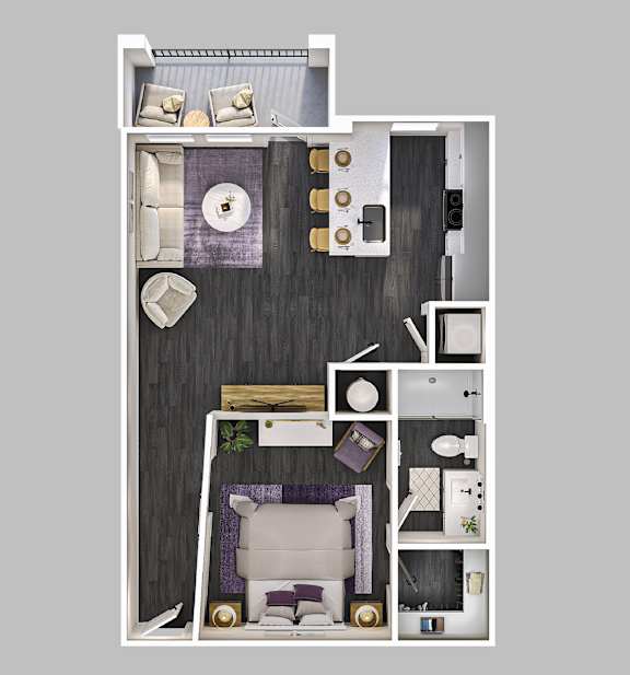 A top-down view of a small apartment layout with a living room, kitchen, and bathroom.