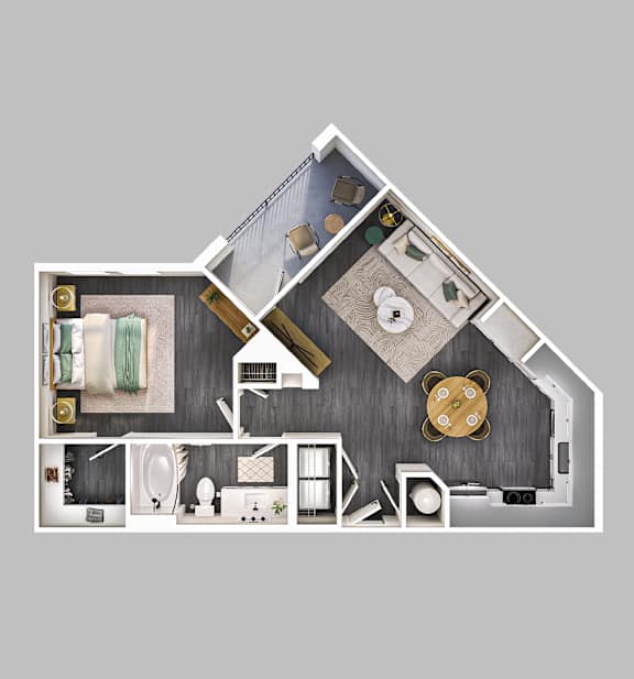 A cutaway view of a house showing the layout of the rooms.