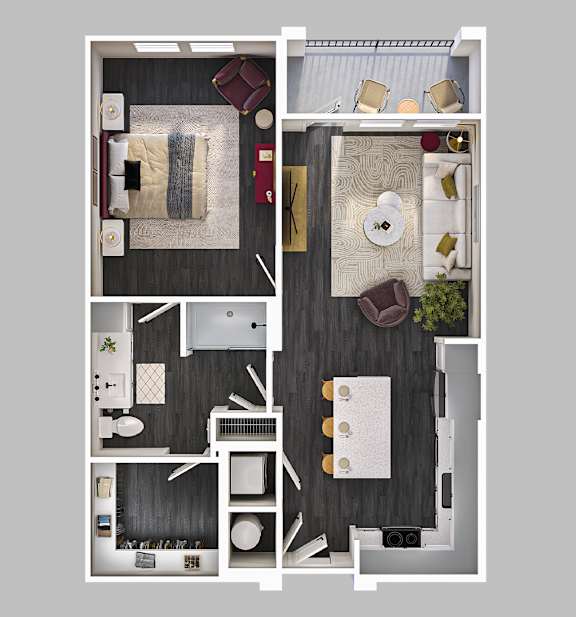 A top-down view of a small apartment with a living room, kitchen, and bathroom.
