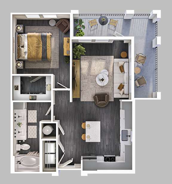 A top-down view of a modern apartment layout with a kitchen, living room, and bathroom.