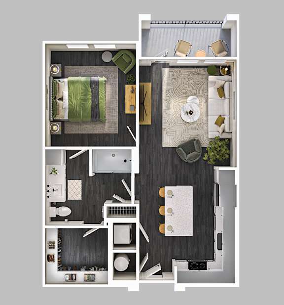 A top-down view of a modern apartment layout with a living room, kitchen, dining area, and bedroom.