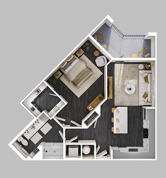 A top-down view of a house layout with a kitchen, living room, and bathroom.