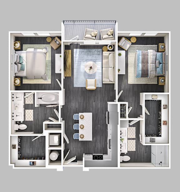 A top-down view of a small apartment layout with a kitchen, living room, and bathroom.