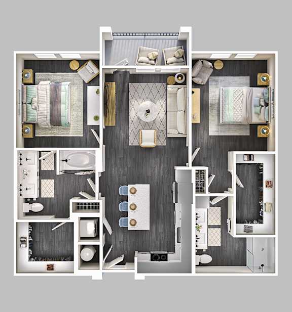 A top-down view of a modern, well-organized bathroom with a large mirror and a separate shower area.