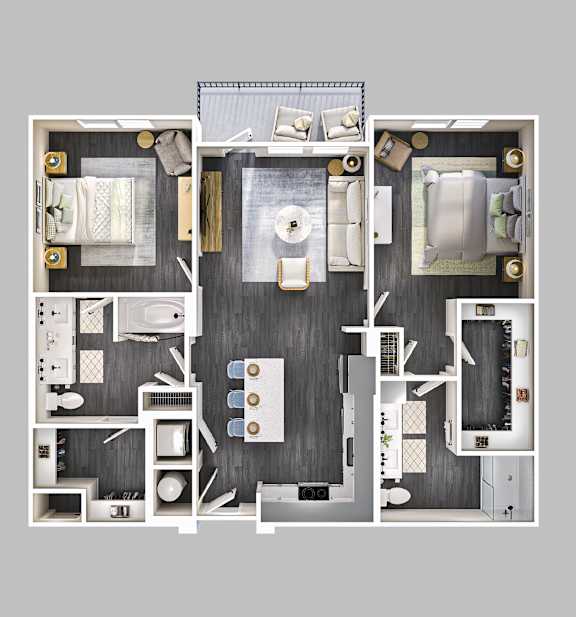 A top-down view of a modern apartment layout with a kitchen, living room, and bedrooms.