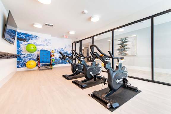 A gym with exercise bikes and a TV.
