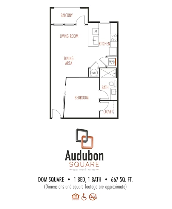 A floor plan for an apartment in Audubon Square shows a living room, dining area, kitchen, bedroom, and bathroom.