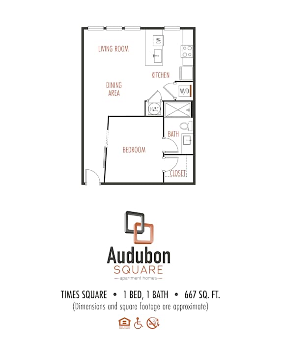 A floor plan for an apartment from Audubon Square showing a living room, dining area, kitchen, bath, and bedroom.