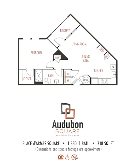 A floor plan for a one bedroom apartment with one bath.