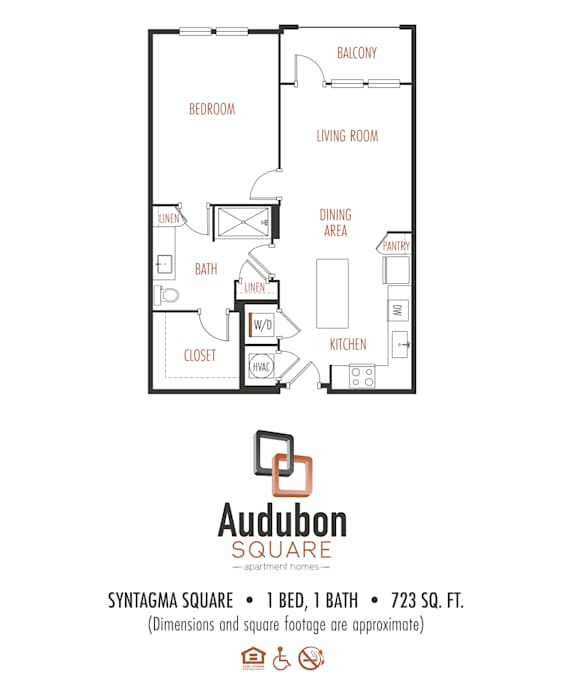 A floor plan for Audubon Square apartment homes shows a bedroom, living room, dining area, kitchen, and bath with a closet.