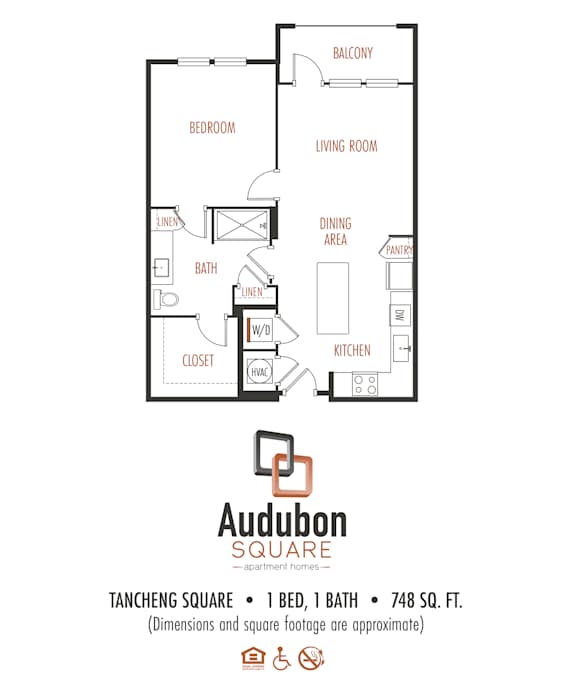 A floor plan for an apartment in Audubon Square shows a bedroom, living room, dining area, kitchen, bathroom, and closet.