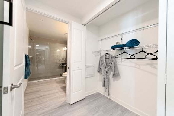 a bathroom with a closet and a shower and a door