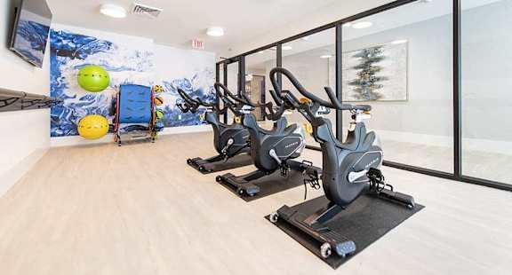 A gym with exercise bikes and a wall mural.