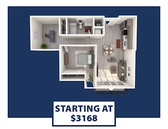 A 3D floor plan of an apartment with the text "STARTING AT $3168" displayed.