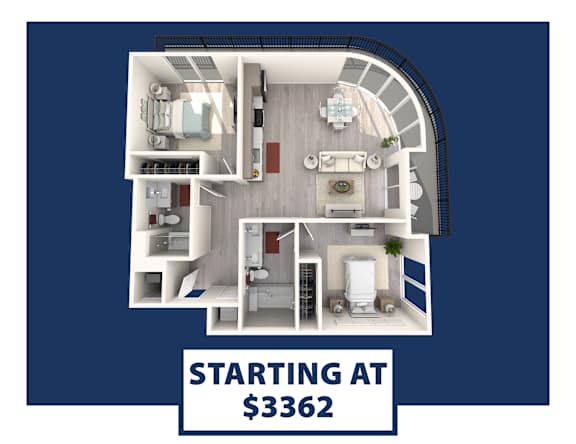 A floor plan of a small apartment with a kitchen, living room, and bathroom.