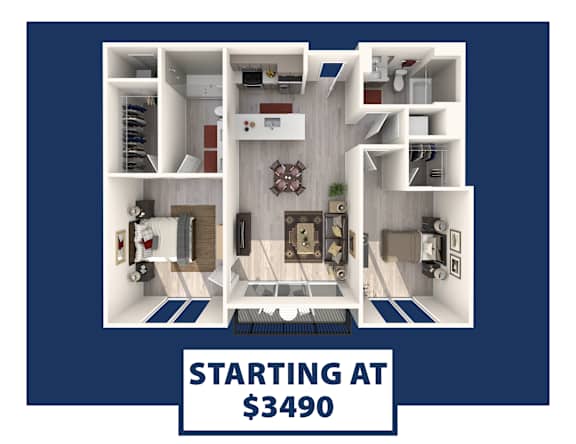 A 3D floor plan of an apartment starting at $3490.