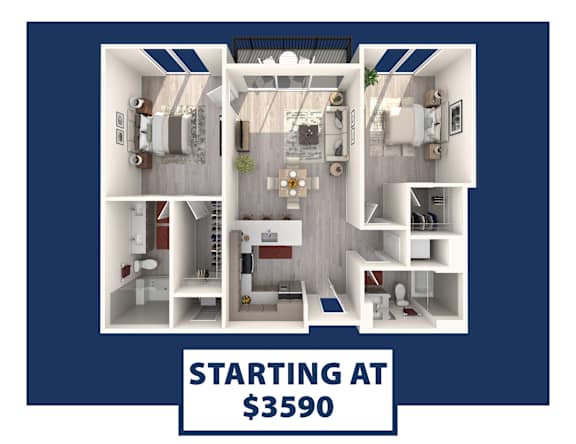 A 3D rendered image of a small apartment layout with the text "STARTING AT $3590" displayed.