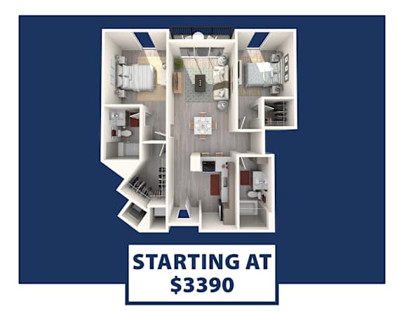 A 3D floor plan of an apartment starting at $3390.