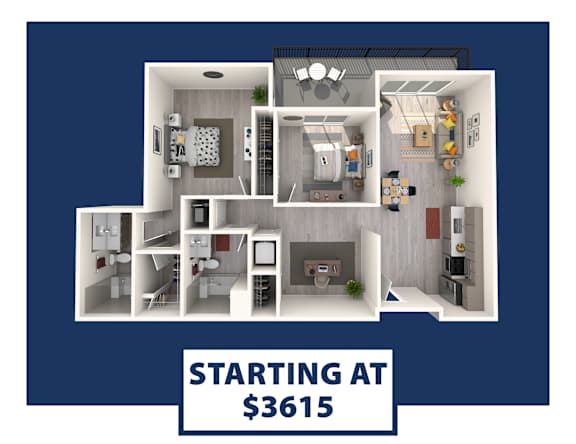 A 3D rendered image of a house layout with the text "STARTING AT $3615" on a blue background.