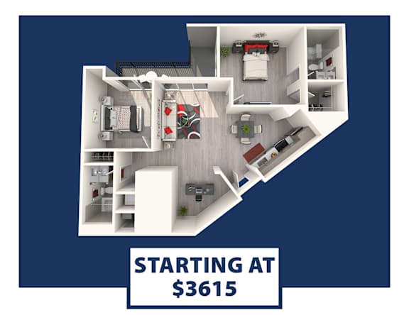 A 3D floor plan of an apartment with the text "STARTING AT $3615" displayed.