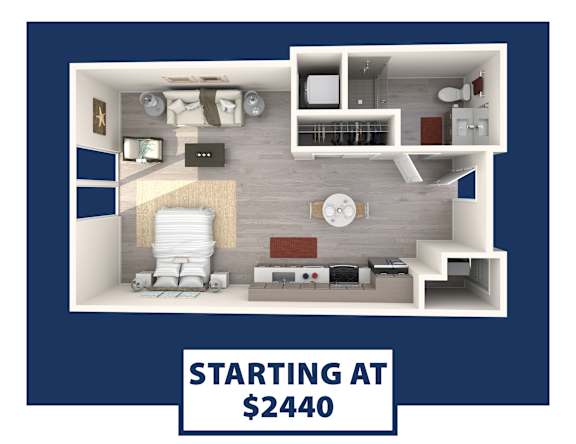 A 3D floor plan of an apartment with the text "STARTING AT $2440" displayed.