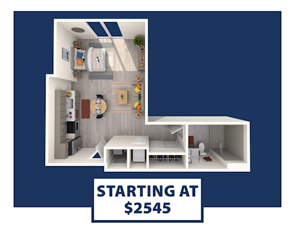 A dollhouse living room with the text "STARTING AT $2545" on a blue background.