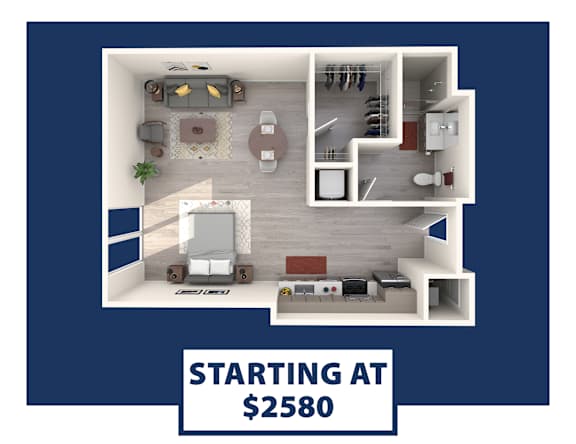 A 3D floor plan of an apartment starting at $2580.
