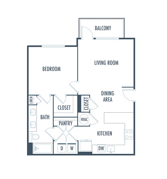 A floor plan of a house with a balcony, bedroom, living room, kitchen, pantry, bath, closet, and dining area.
