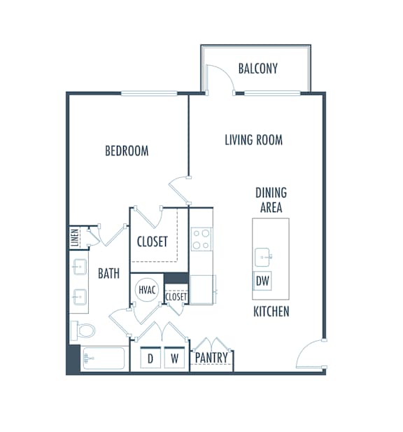 A floor plan of a house with a bedroom, living room, kitchen, pantry, and bathroom.