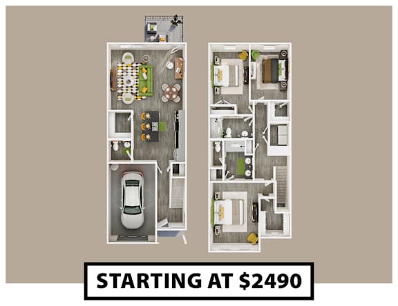 A floor plan of an apartment with a kitchen, living room, and bathroom, starting at $2490.