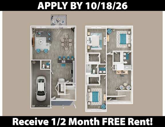 Apartment layout with a car and a free rent offer.
