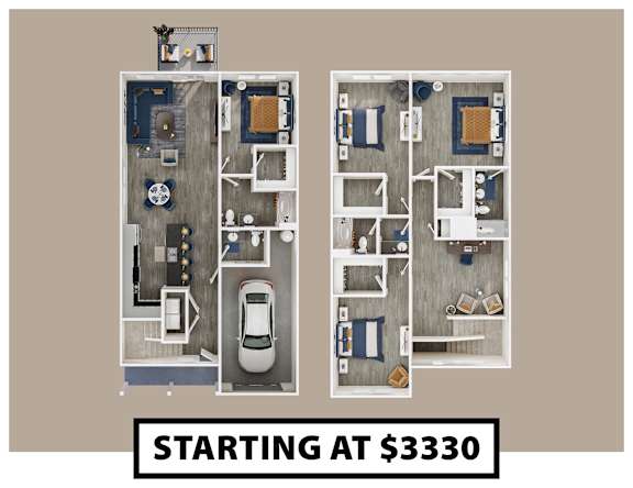 A floor plan of an apartment with a car parked in the garage and a price tag of $3330.