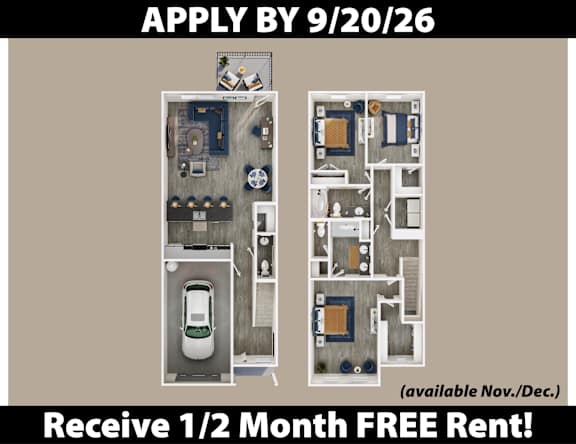 Apartment floor plan with a car parking space and a free rent offer.