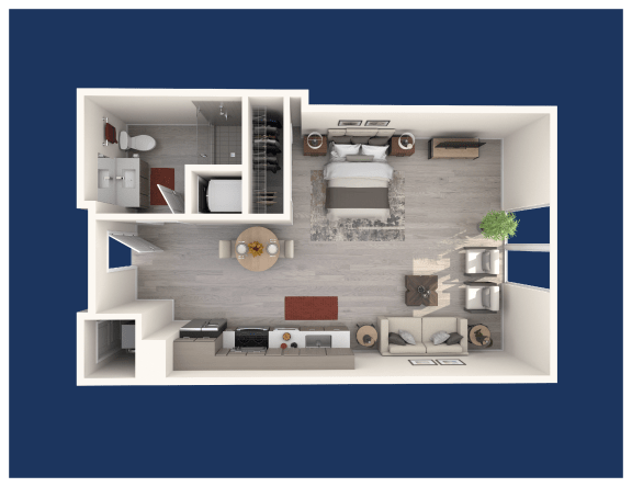 a 3d floor plan of a 1 bedroom192 sq ft apartment