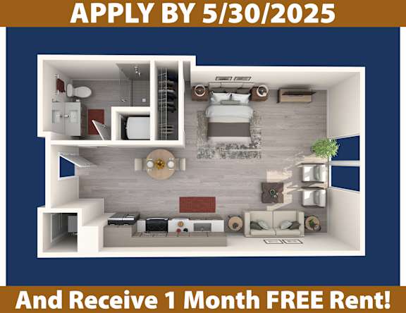 A poster advertising an apartment with a deadline of May 30, 2025 and a free one month rent offer.