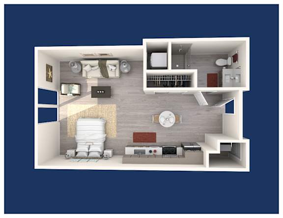 A 3D floor plan of a small apartment with a bedroom, living room, and kitchen.