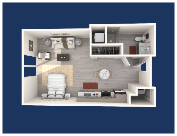 a 3d floor plan of a bedroom with a living room and a dining room