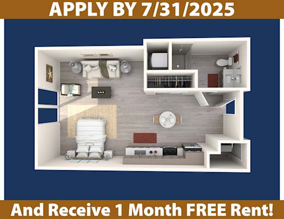 A poster advertising an apartment with a deadline to apply by July 31, 2025, and offers a free one-month rent.