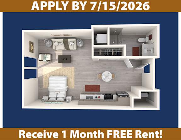 A poster advertising a free one month rent if you apply by 7/15/2026.