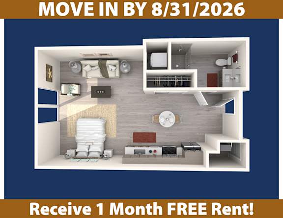 A promotional image for a move-in by August 31, 2026, offering a free one-month rent.