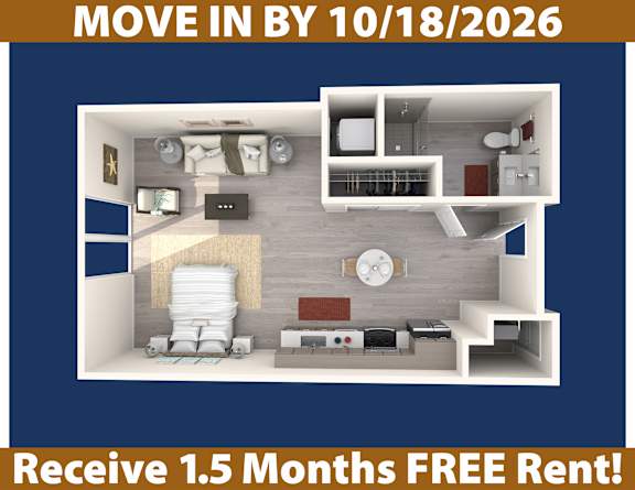 A promotional image for a move-in by October 18, 2026, offering a free one-month rent.