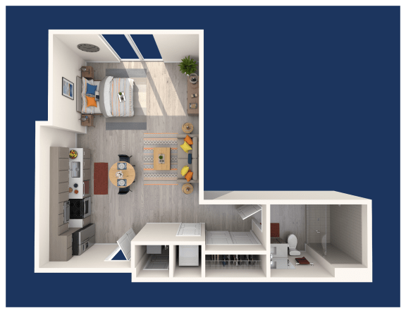 a rendering of a 1 bedroom apartment with a bathroom and a living room