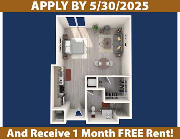 Apartment layout with a deadline of May 30th, 2025 and a free one month rent offer.