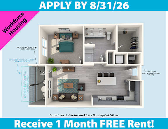 A flyer advertising a free month's rent for workforce housing, with a deadline to apply by August 31, 2026.