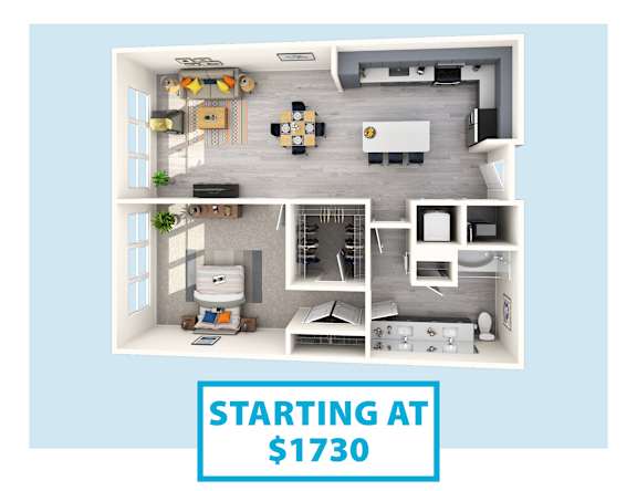 A 3D floor plan of an apartment with the text "STARTING AT $1730" displayed.