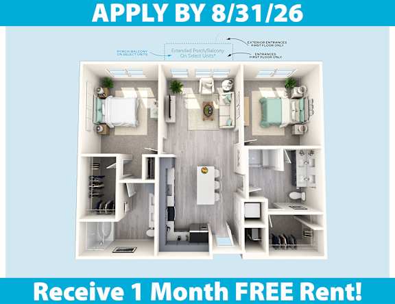 A poster advertising a 1 month free rent offer for a small apartment with a deadline to apply by 8/31/26.
