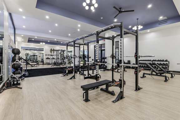 A gym with a variety of equipment including a squat rack, bench, and weights. at LiveWell Apartments, Pennsylvania, 15222