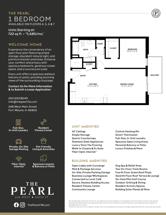 1 bed and 1 bath at The Pearl, Fort Wayne, IN 46802