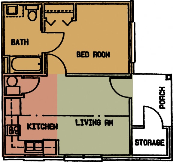  Floor Plan Efficiency 1 Bed - 1 Bath