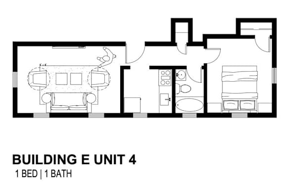 A black and white drawing of a floor plan for Building E Unit 4, which includes one bed and one bath. at Shipyard Shores Apartments, Virginia, 23607